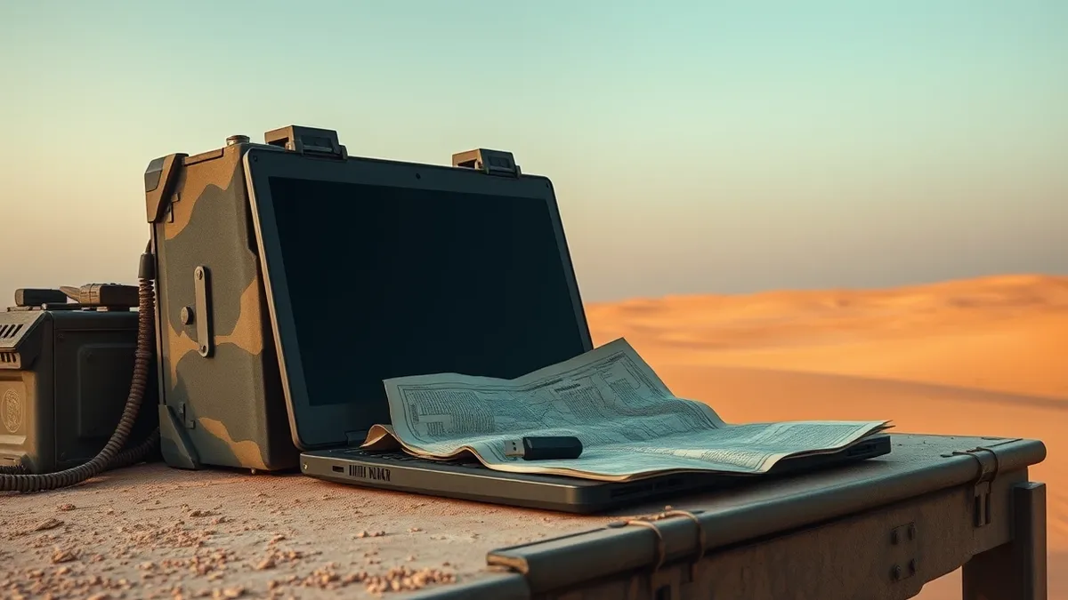 Illustration: A rugged military laptop sits on a dusty field desk in a desert outpost.