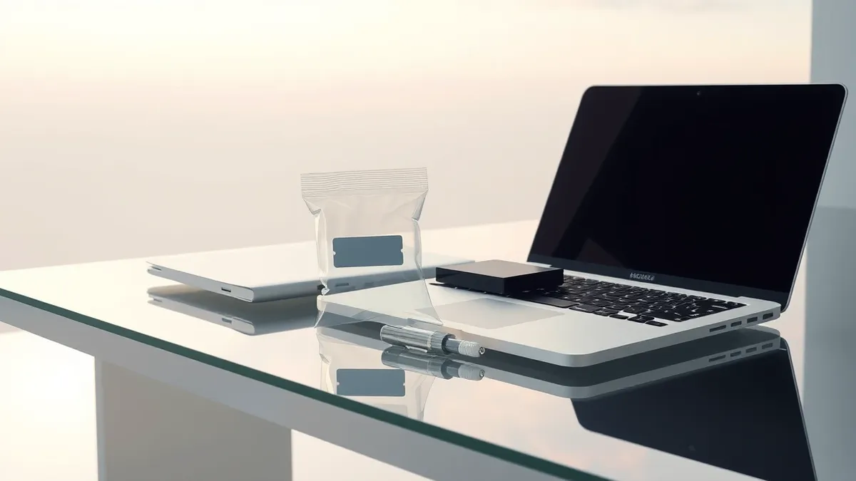 Illustration: A silver laptop rests on a sleek glass desk, its lid closed beside a black external hard drive.
