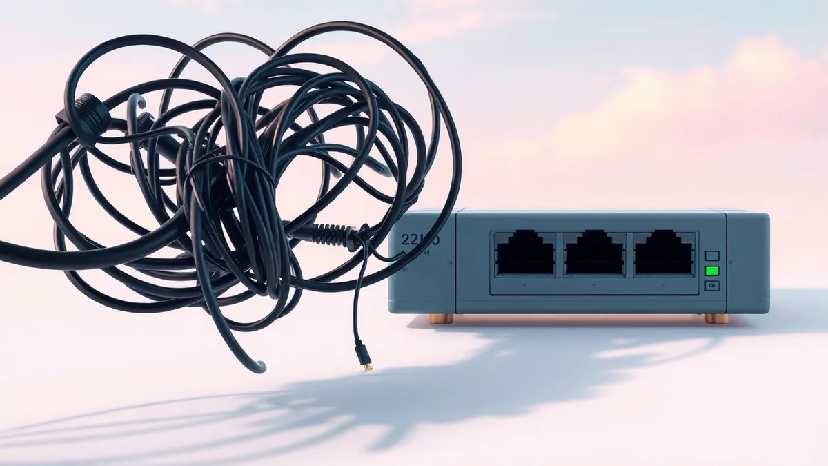 Illustration: A tangled knot of black cables connects to a blank, grey network switch.