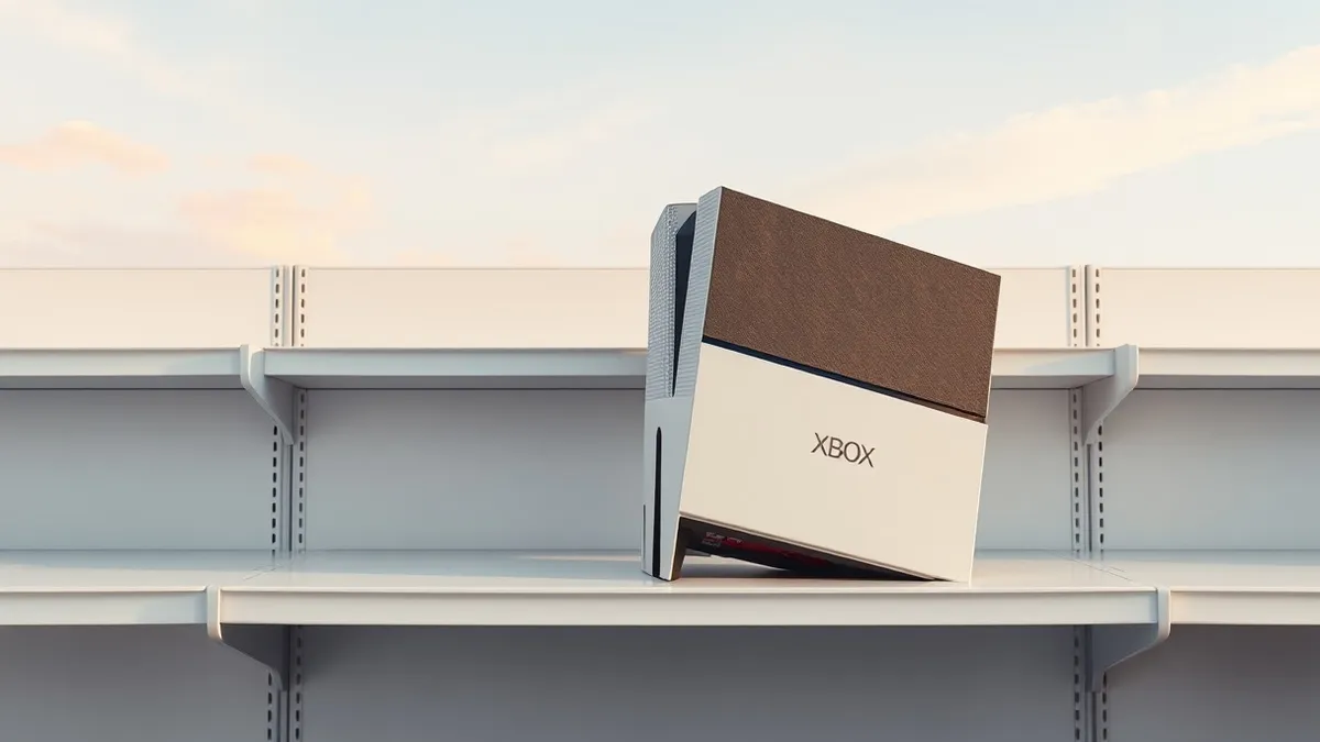 Illustration: A dusty Xbox console sits on a cluttered retail shelf beside a PlayStation unit, both boxes slightly tilted and surrounded by empty white space, highlighting the star