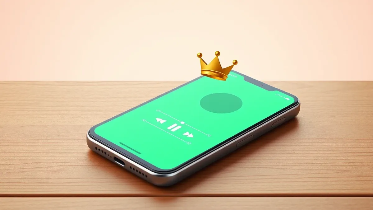 Illustration: A sleek smartphone rests on a wooden table, its screen glowing with a blank green music player interface.