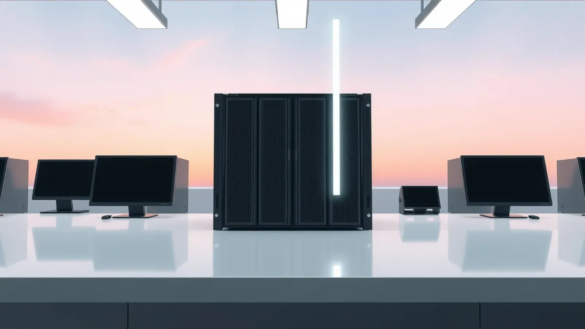 Illustration: A sleek black server blade sits isolated on a clean white lab bench, its metal chassis reflecting bright overhead lights.