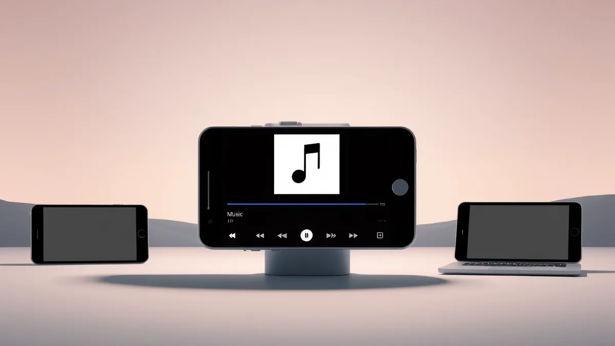 Illustration: A smartphone screen displays a music app interface with a black-and-white musical note icon.