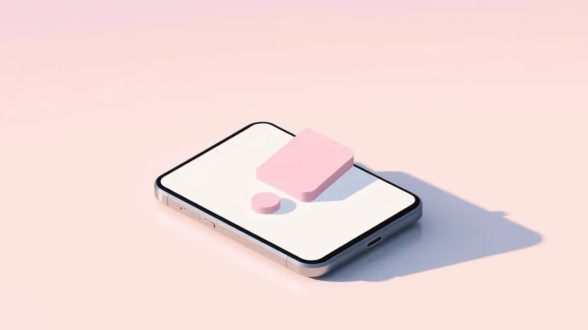 Illustration: A smartphone rests on a smooth surface, its screen displaying a radically redesigned interface with large, floating abstract shapes.