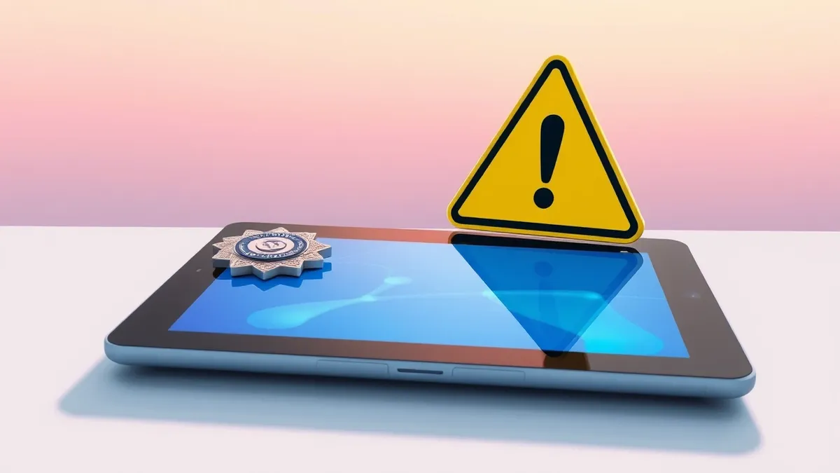 Illustration: A generic police badge rests on a sleek, unbranded tablet displaying an abstract blue interface.