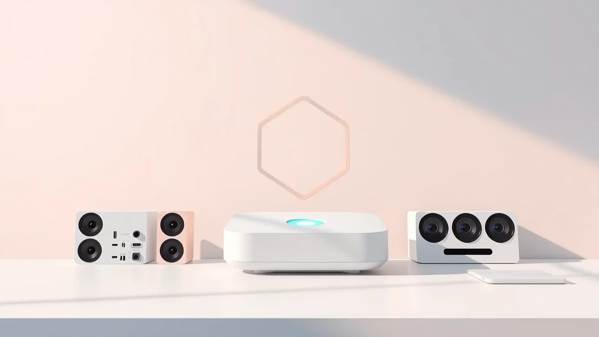 Illustration: A sleek white device sits on a clean desk, its central lens glowing with soft blue light.