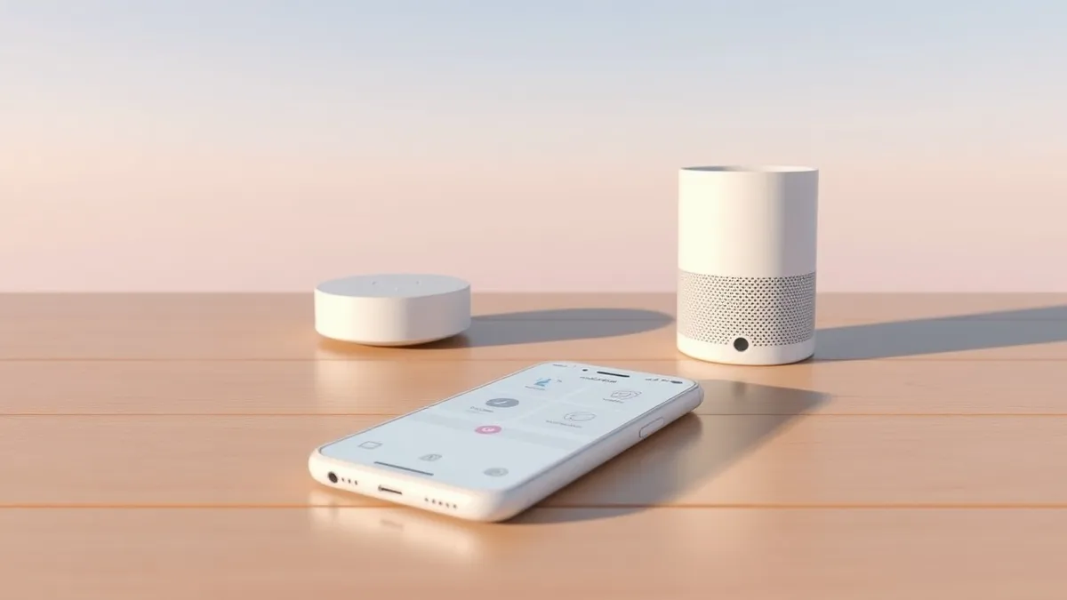 Illustration: A white smartphone rests on a clean wooden table, its screen displaying a simplified smart home interface with abstract geometric icons.