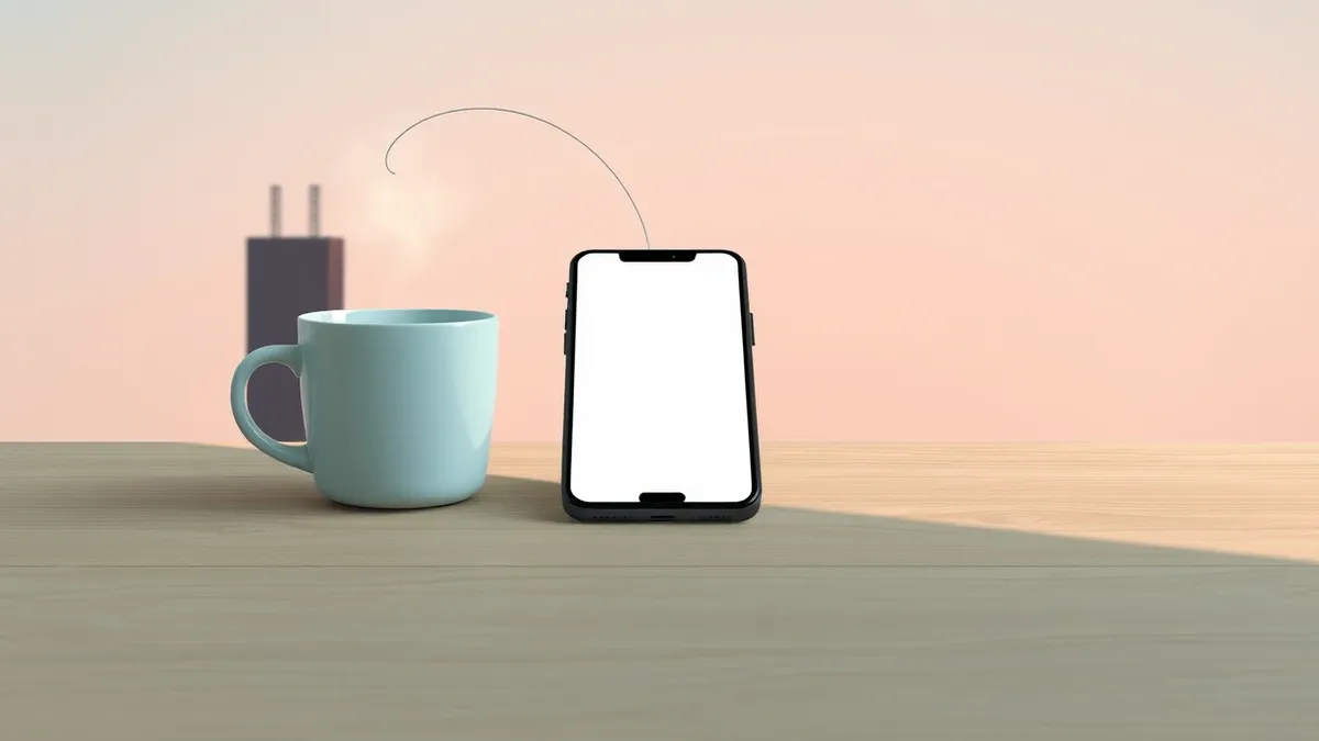 Illustration: A smartphone rests on a plain wooden desk beside a steaming coffee cup.