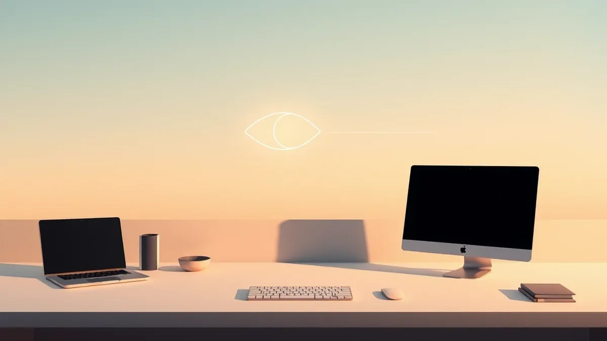 Illustration: A sleek, abstract geometric shape resembling a stylized eye floats above a blank, minimalist desk surface.