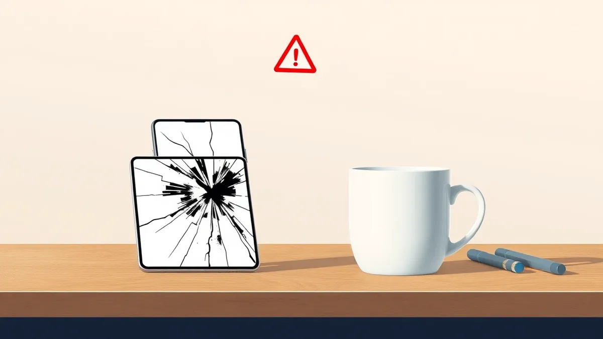 Illustration: A white ceramic mug sits on a wooden desk beside a smartphone displaying a cracked, distorted image.
