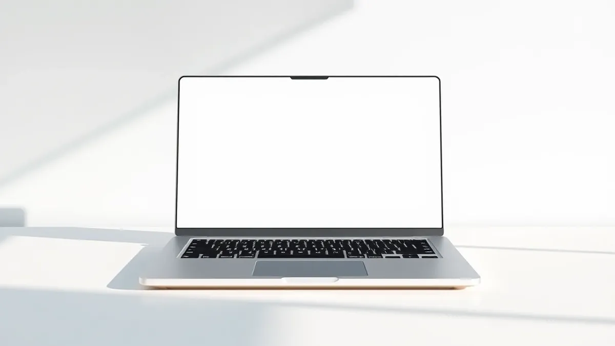 Illustration: A sleek laptop with a blank silver screen sits on a clean white desk.