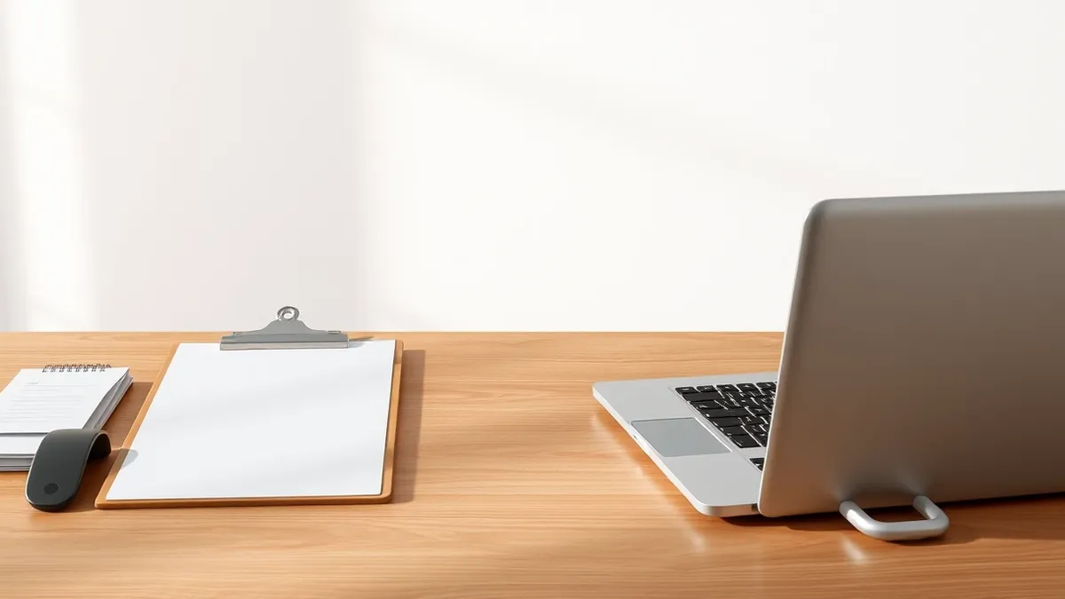 Illustration: A blank white clipboard rests on a wooden desk next to a sleek silver laptop.