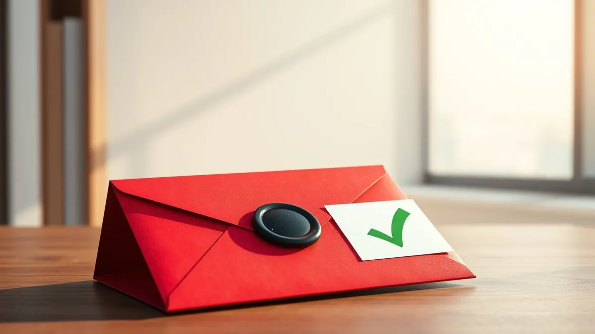 Illustration: A sealed red envelope rests on a wooden desk, its flap closed with a smooth black wax seal.
