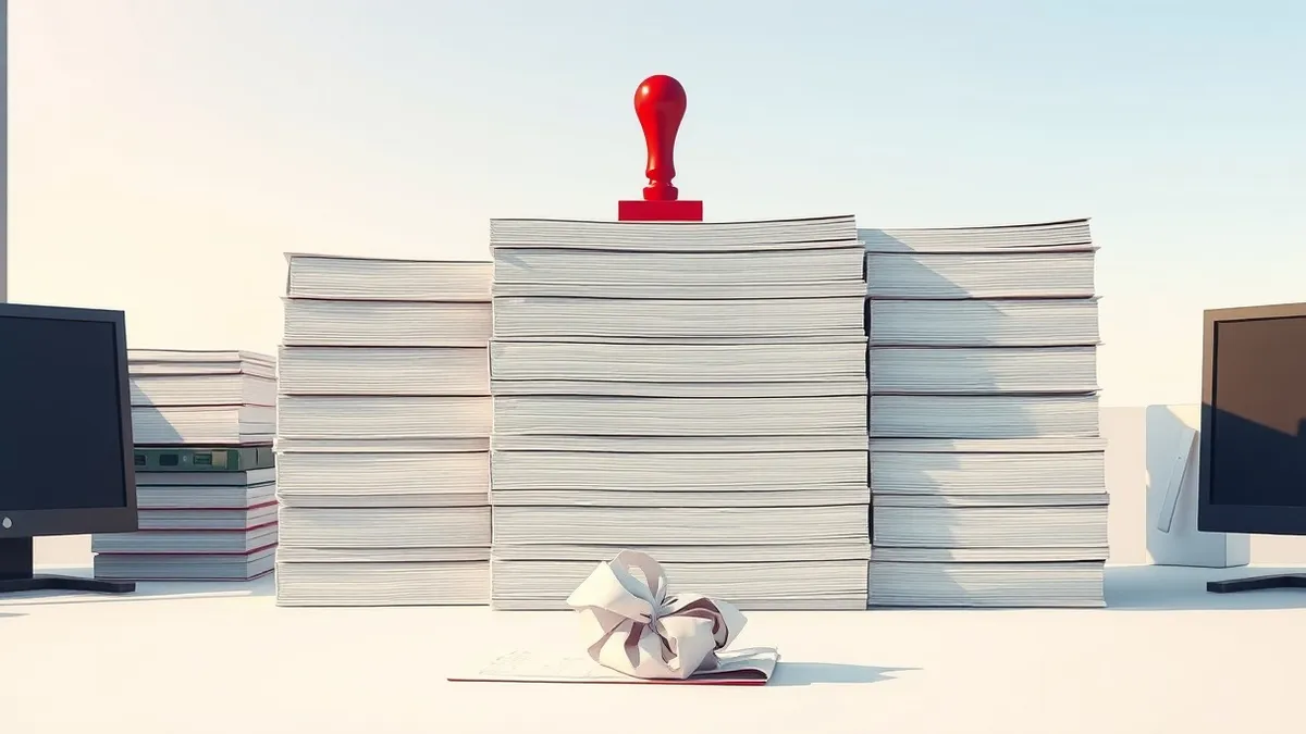 Illustration: A large stack of identical, blank instruction manuals sits neatly on a modern office desk.