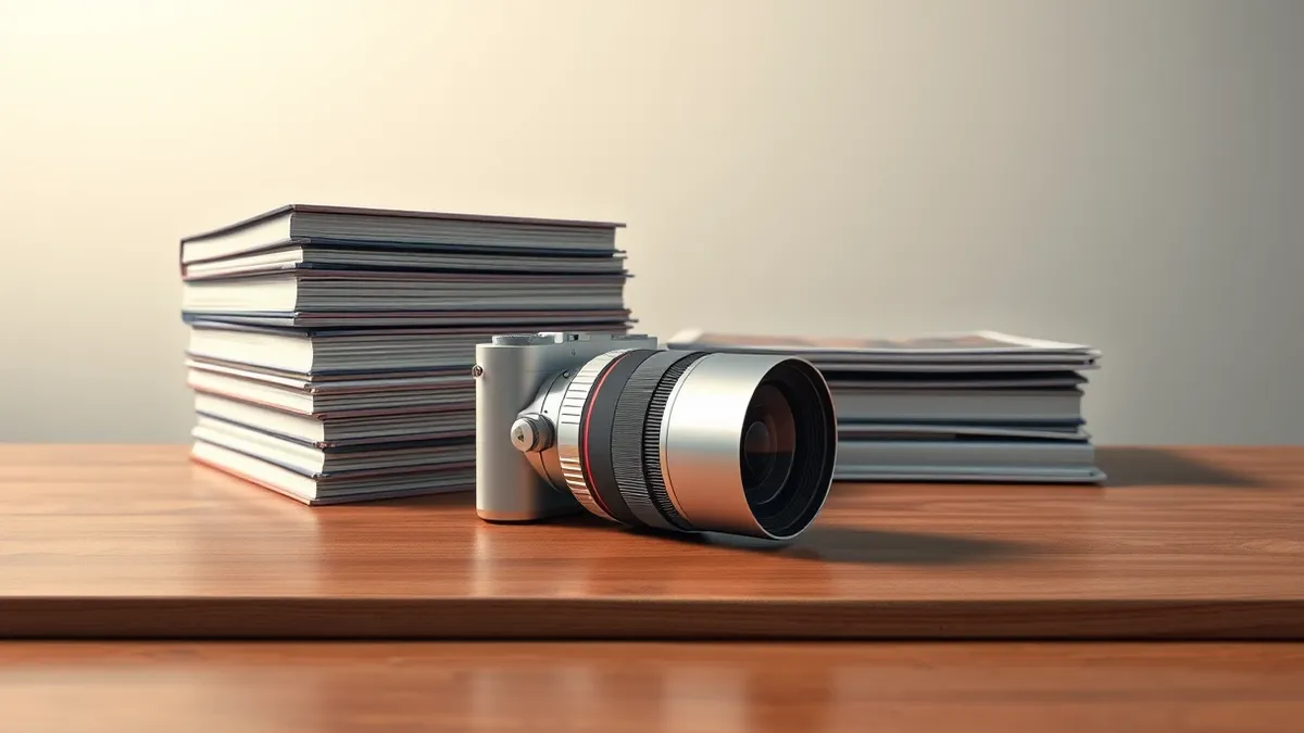 Illustration: A sleek silver camera rests on a polished wooden table beside a thick stack of bound photo albums.