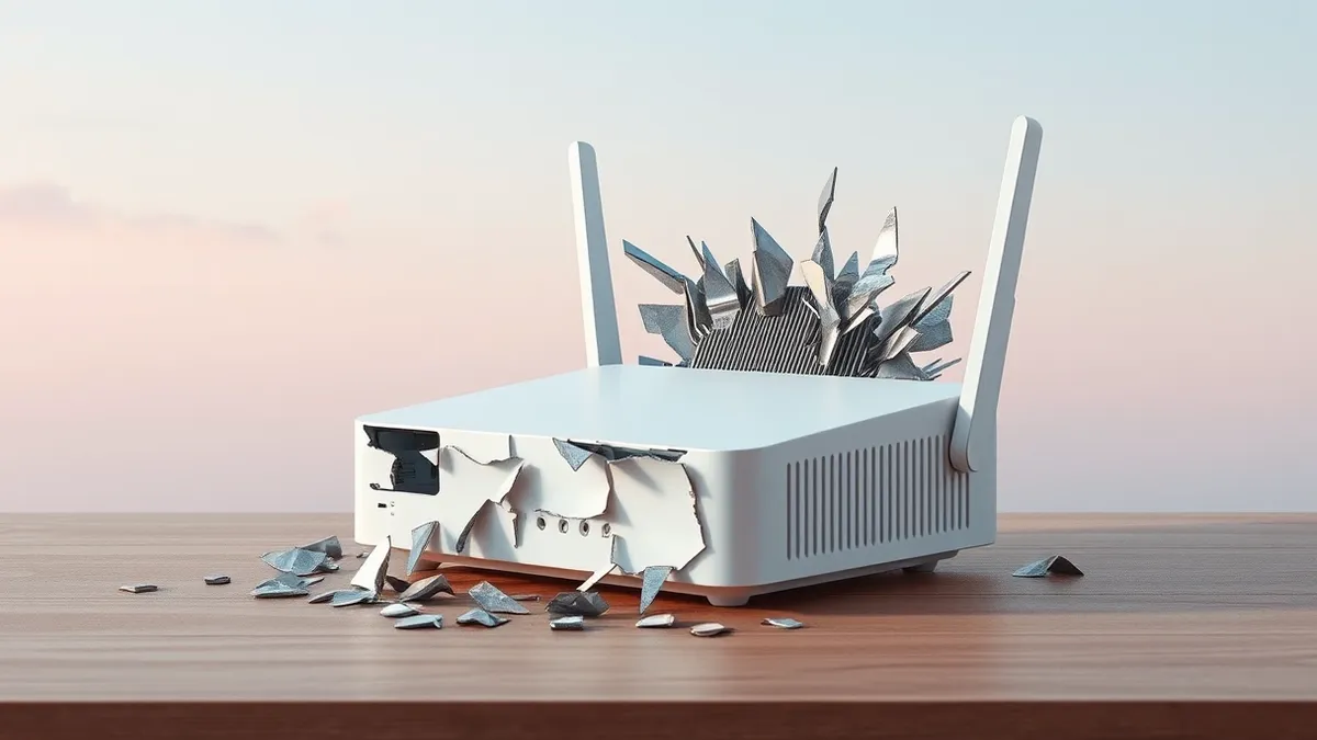 Illustration: A white wireless router sits on a wooden desk.
