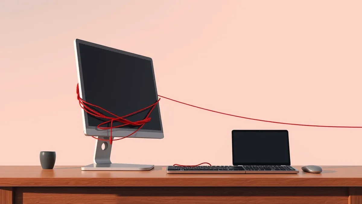 Illustration: A sleek desktop computer sits on a clean wooden desk.