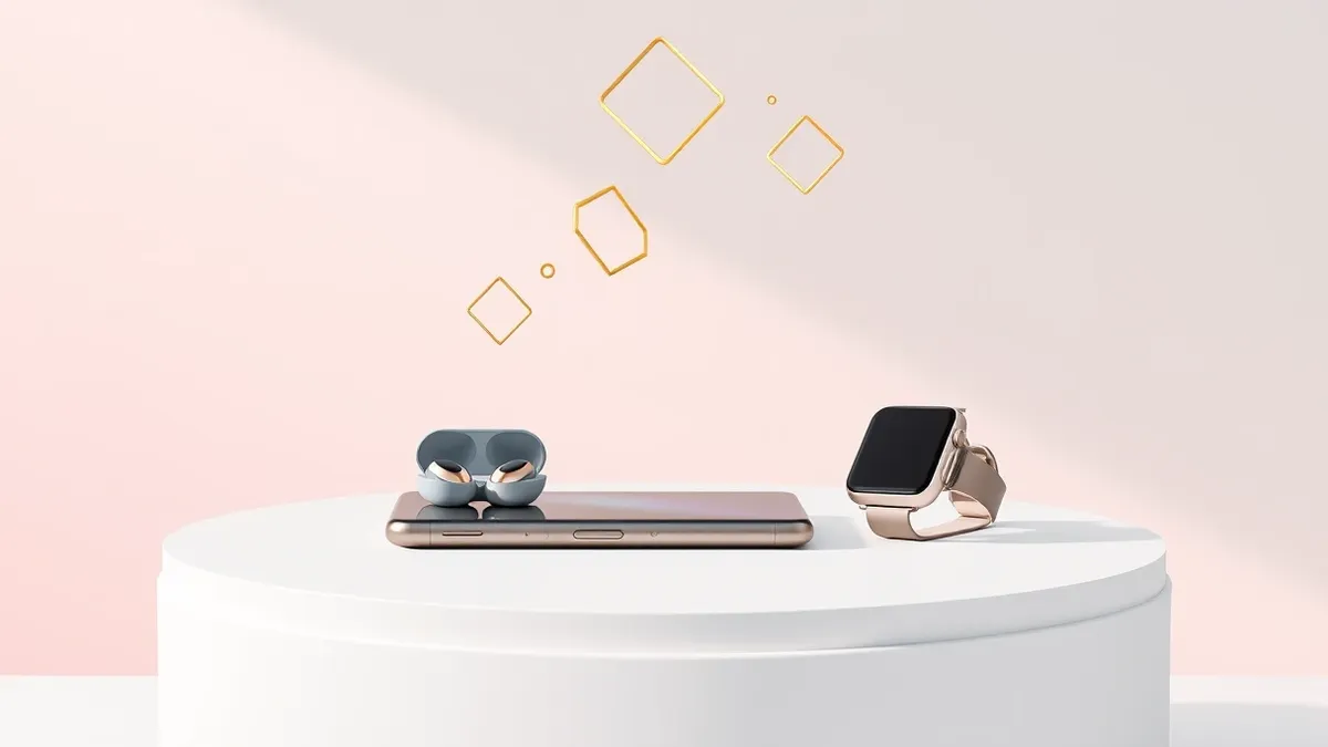 Illustration: A sleek smartphone, a pair of wireless earbuds, and a smartwatch rest on a clean white pedestal under soft studio lighting.