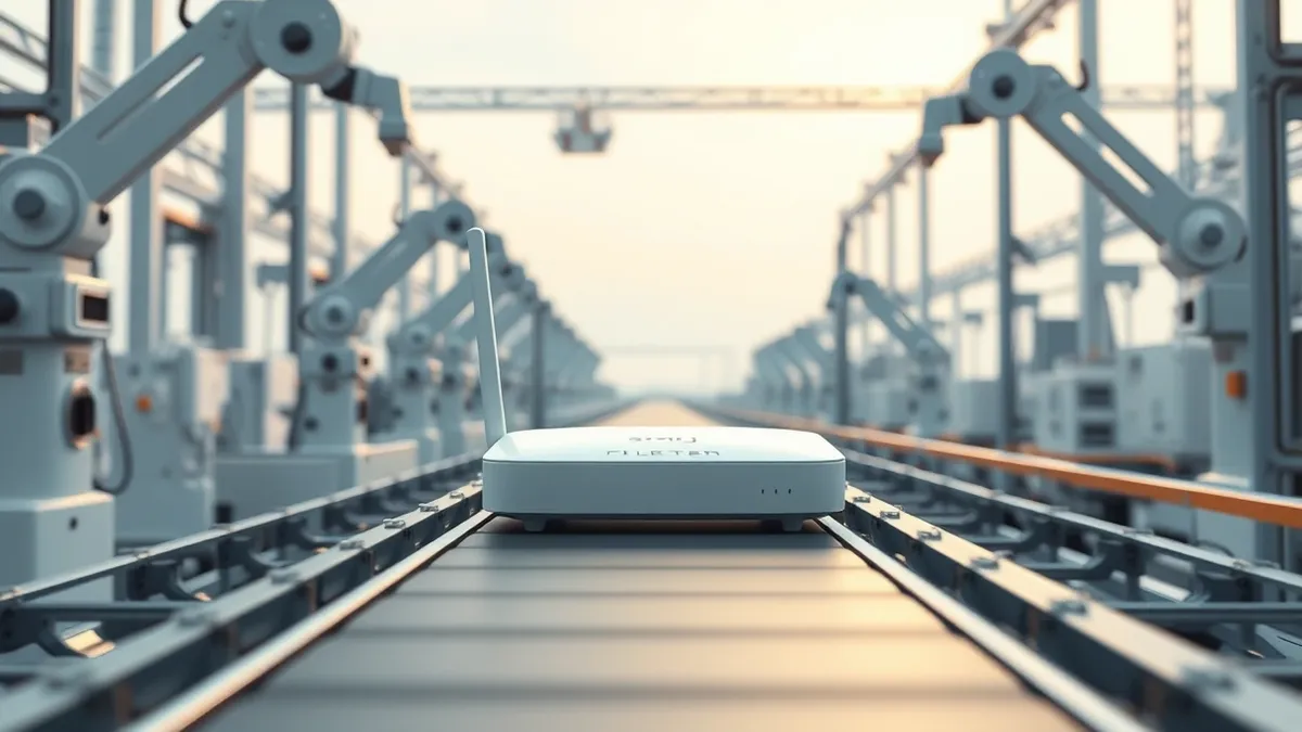 Illustration: A white Wi-Fi router sits on a clean factory assembly line in a bright manufacturing plant.