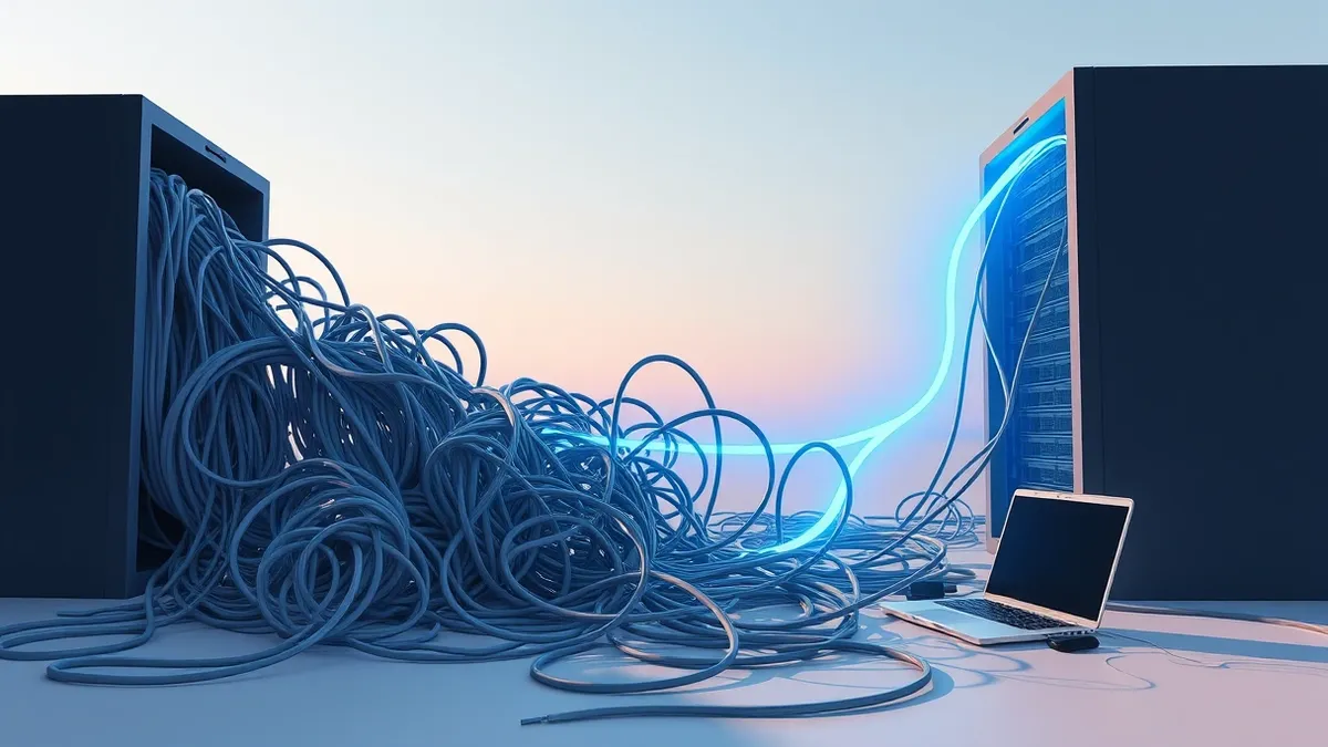Illustration: A tangled mess of gray cables spills from a self-hosted server box, blocking the smooth path of a glowing blue data stream.