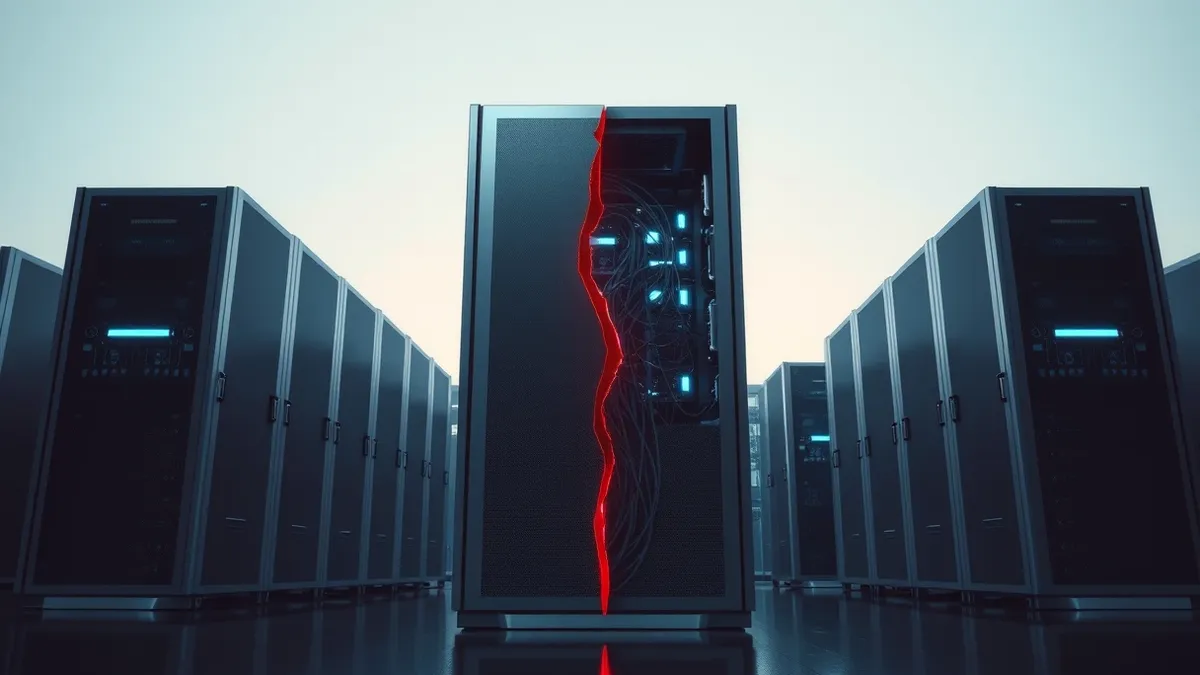 Illustration: A sleek silver server rack sits in a dimly lit room, its front panel glowing with soft blue lights.