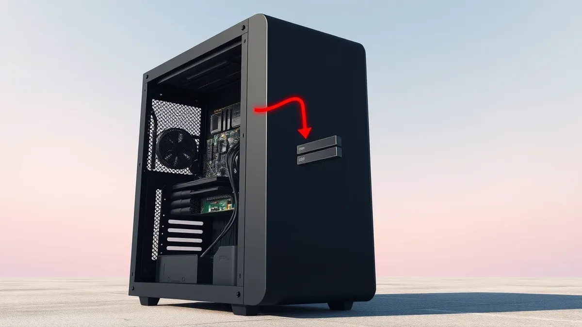 Illustration: A sleek black server tower sits on a concrete floor with its side panel removed to reveal circuit boards.