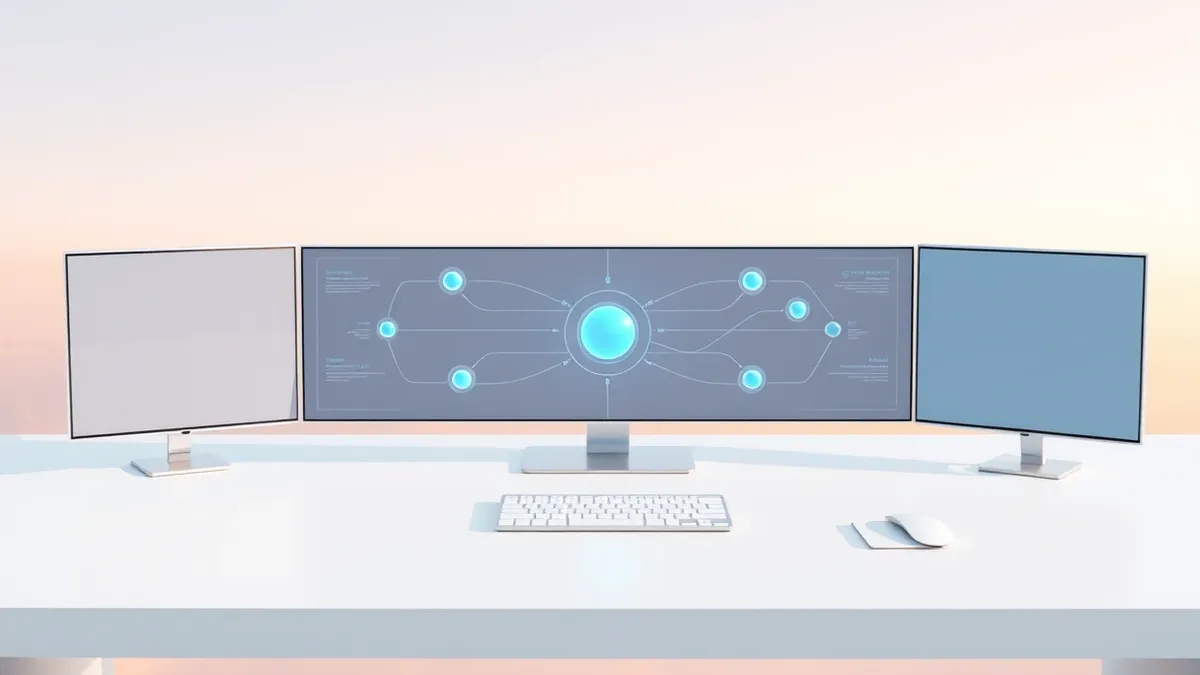 Illustration: A sleek, abstract control panel with multiple glowing nodes connected by thin lines sits on a clean white desk.