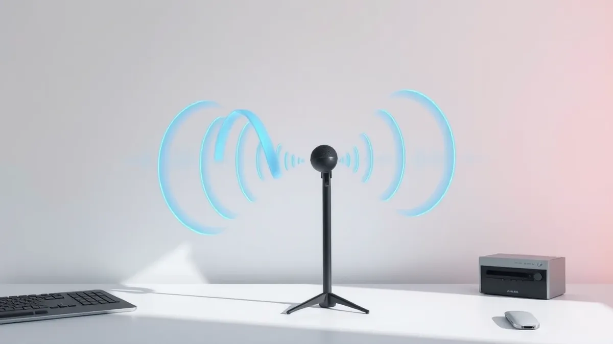 Illustration: A sleek black microphone stands on a clean white desk, surrounded by floating translucent waveform rings that pulse with vibrant blue light.