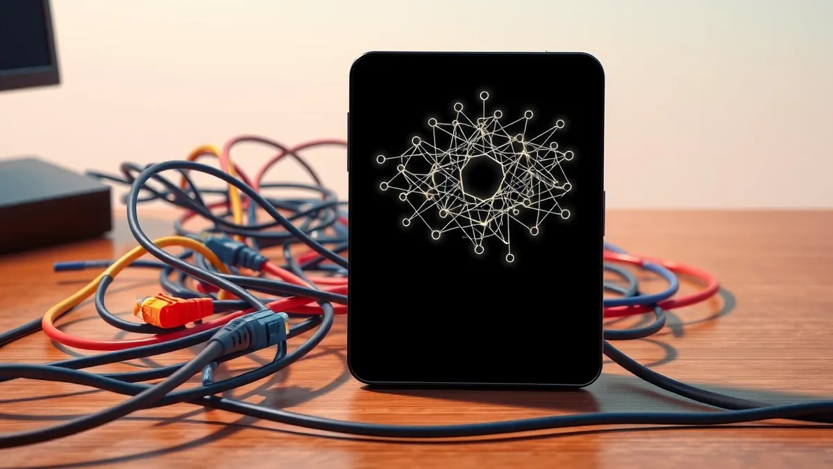 Illustration: A sleek black smartphone rests on a polished desk beside a tangled mess of colorful ethernet cables.