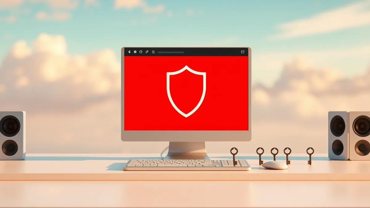 Illustration: A generic web browser window displaying a stark red warning shield sits on a clean desk.