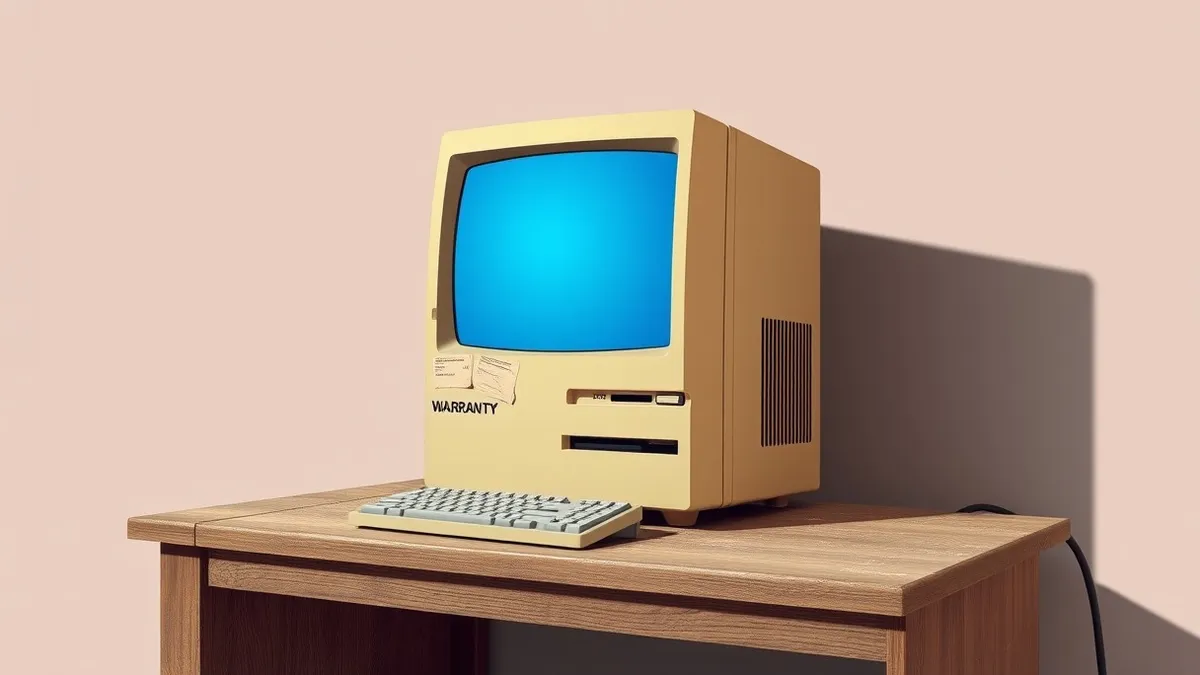 Illustration: An ancient beige desktop computer sits alone on a dusty wooden desk.