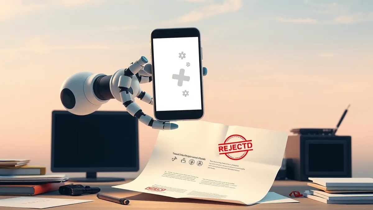 Illustration: A sleek autonomous robot arm holds a blank smartphone displaying abstract shapes.