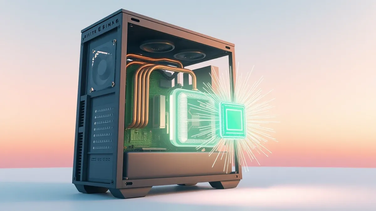 Illustration: A desktop computer case with transparent side panel reveals green circuit board graphics card with exposed copper heat pipes and silver cooling fans.