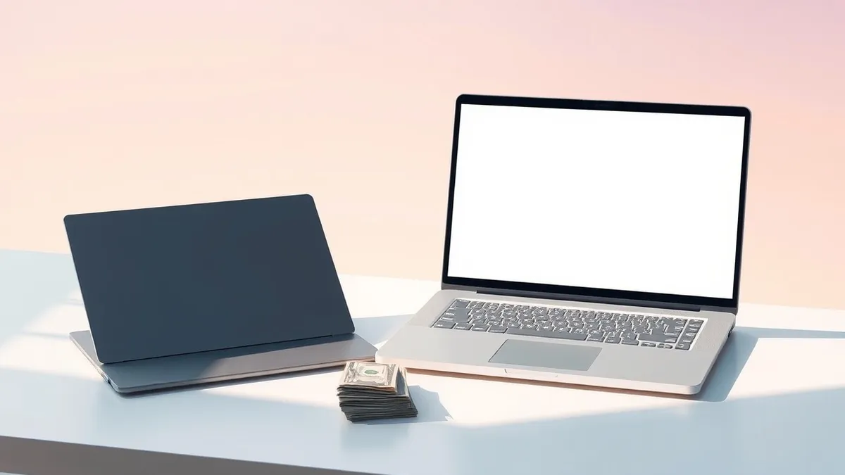 Illustration: A sleek silver laptop sits open on a clean white desk next to a closed dark gray laptop.