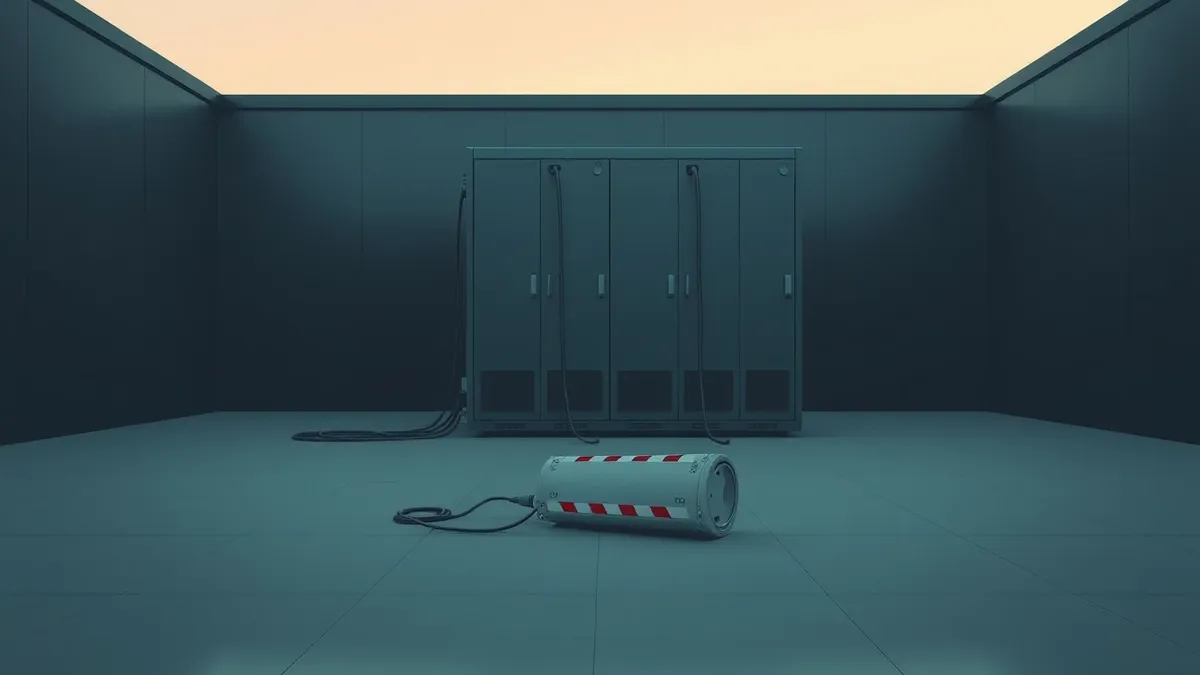Illustration: A large artificial intelligence server rack sits isolated in a dim room with several unconnected cables hanging loosely from its ports.