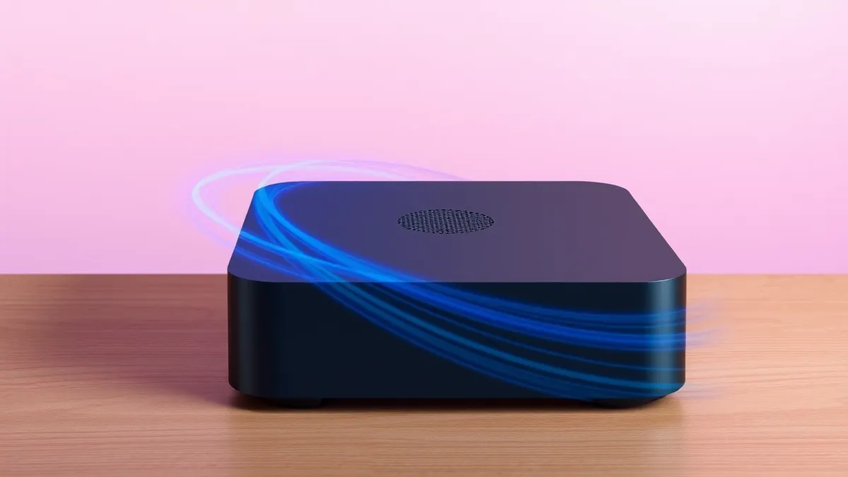 Illustration: A sleek black rectangular streaming box sits on a wooden surface.