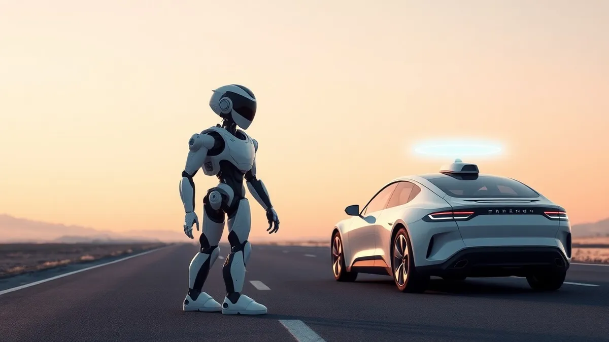 Illustration: A sleek autonomous robot stands beside a self-driving car on an empty road.