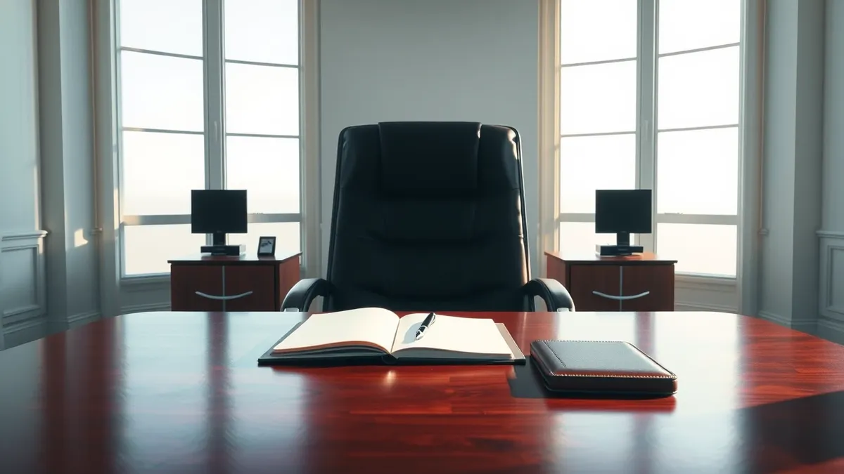 Illustration: A sleek black executive office chair sits empty before a polished mahogany desk.