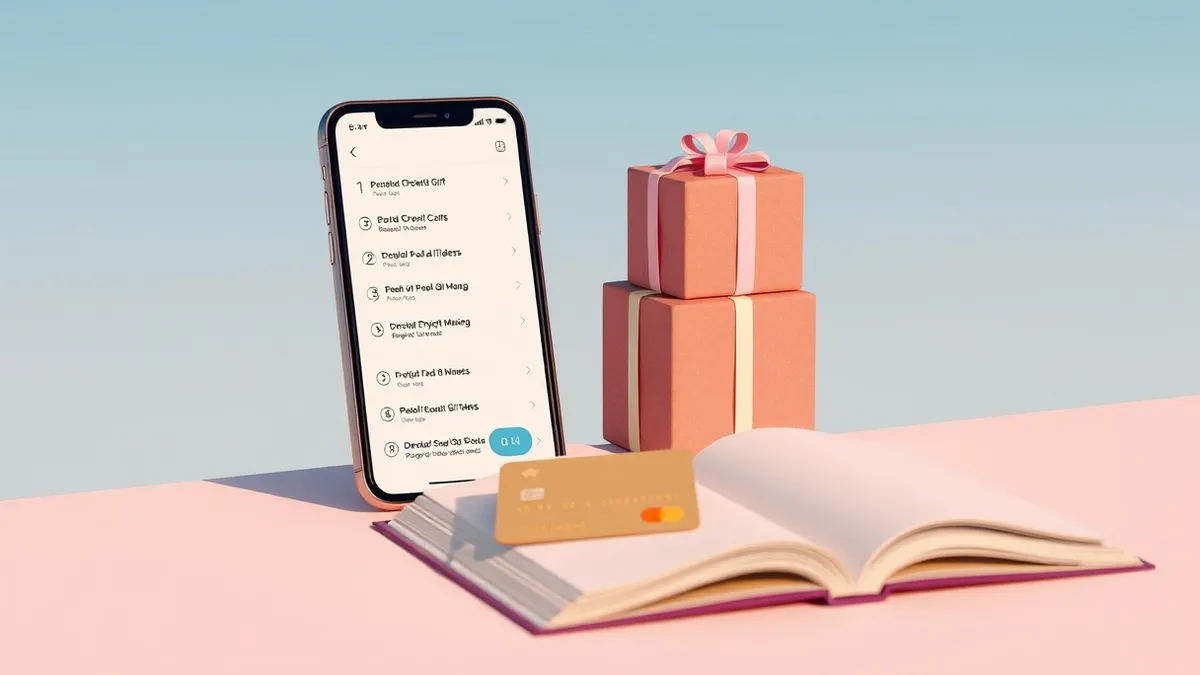 Illustration: A smartphone displays a list of wrapped gifts with question marks, while a credit card rests beside it, separated by a small gap.