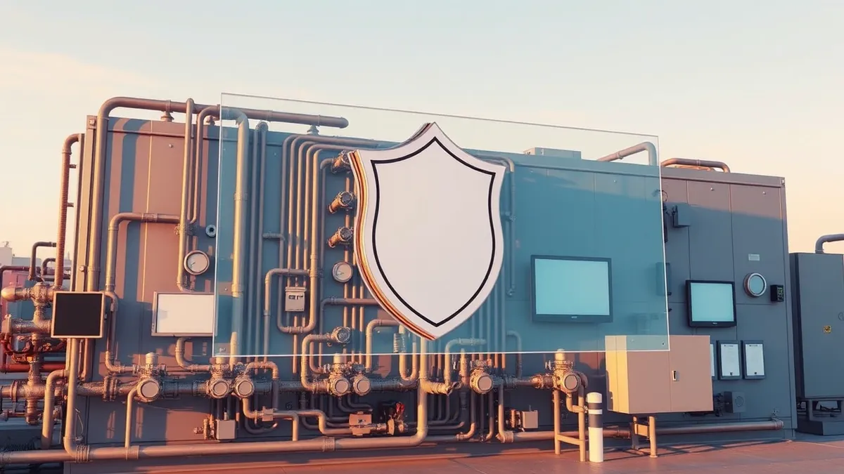 Illustration: A transparent shield overlays a complex industrial control panel filled with pipes and valves.