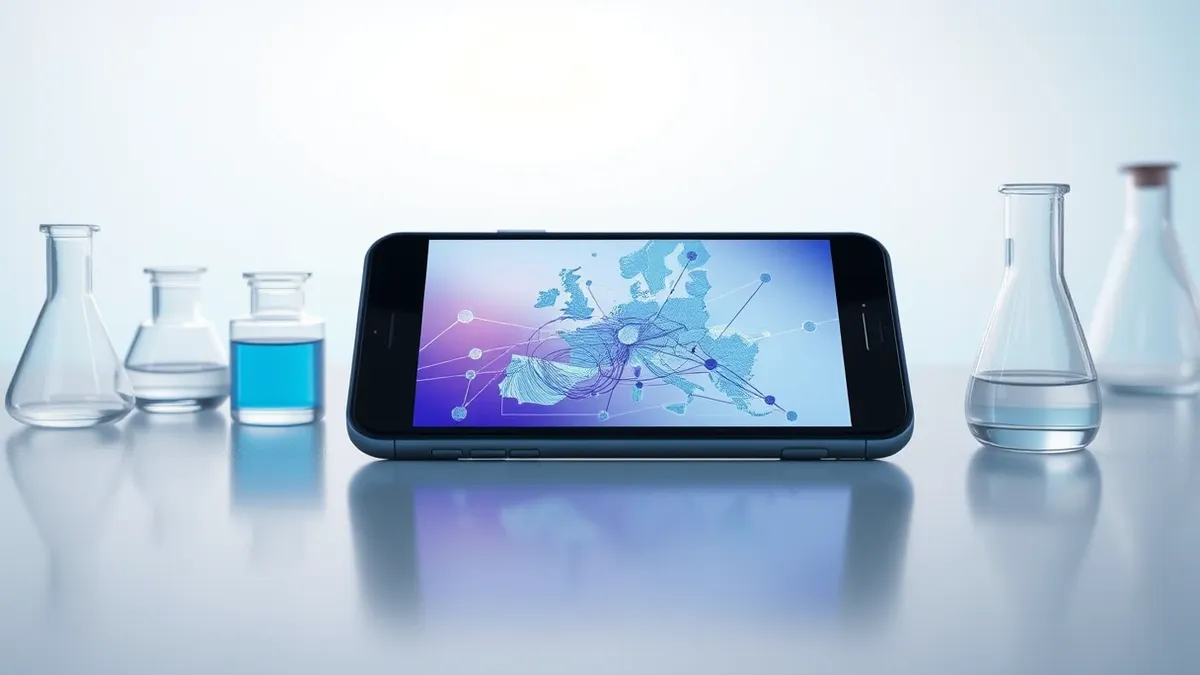 Illustration: A sleek black smartphone rests on a white laboratory table, its screen displaying abstract swirling neural network patterns in soft blue and purple hues.