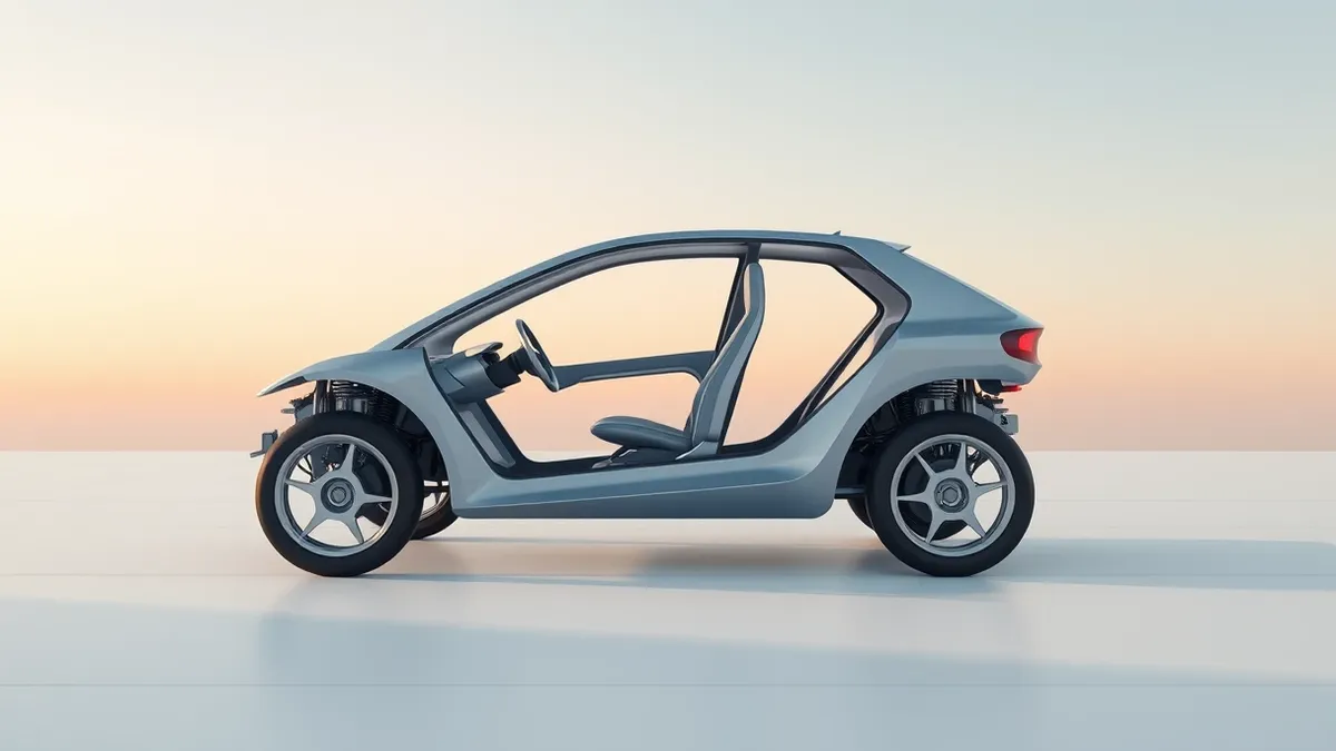 Illustration: A sleek electric vehicle chassis sits on a clean white floor, lacking wheels, doors, or a traditional windshield.