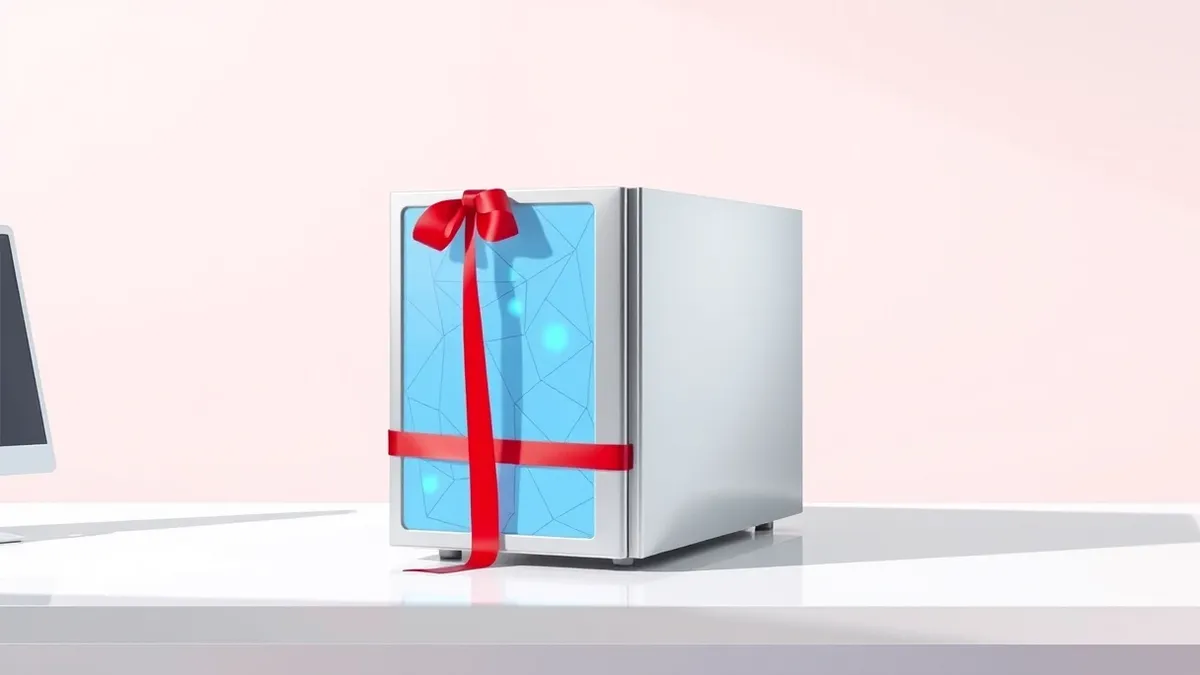 Illustration: A sleek silver server unit sits on a clean white desk, its front panel glowing with soft blue abstract geometric patterns.