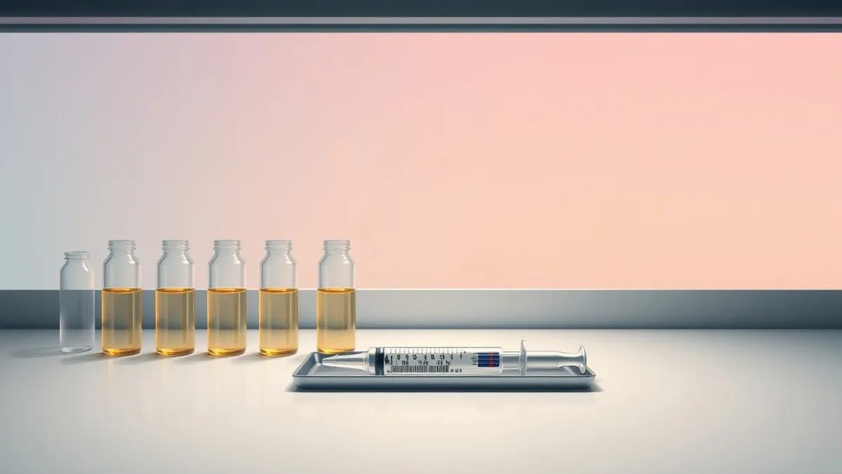 Illustration: A sterile laboratory bench holds a row of clear glass vials filled with pale yellow liquid.