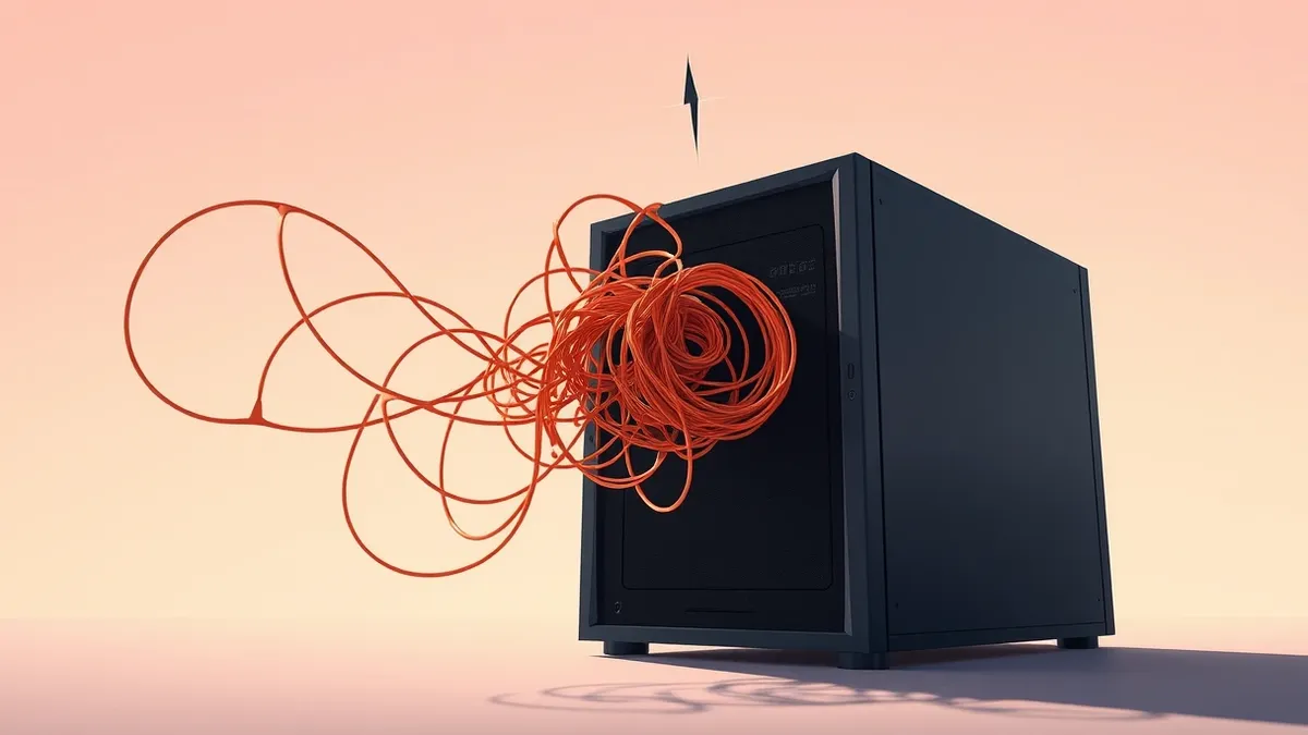 Illustration: A tangled knot of orange wires emerges from a blank black server unit, twisting into a chaotic web.