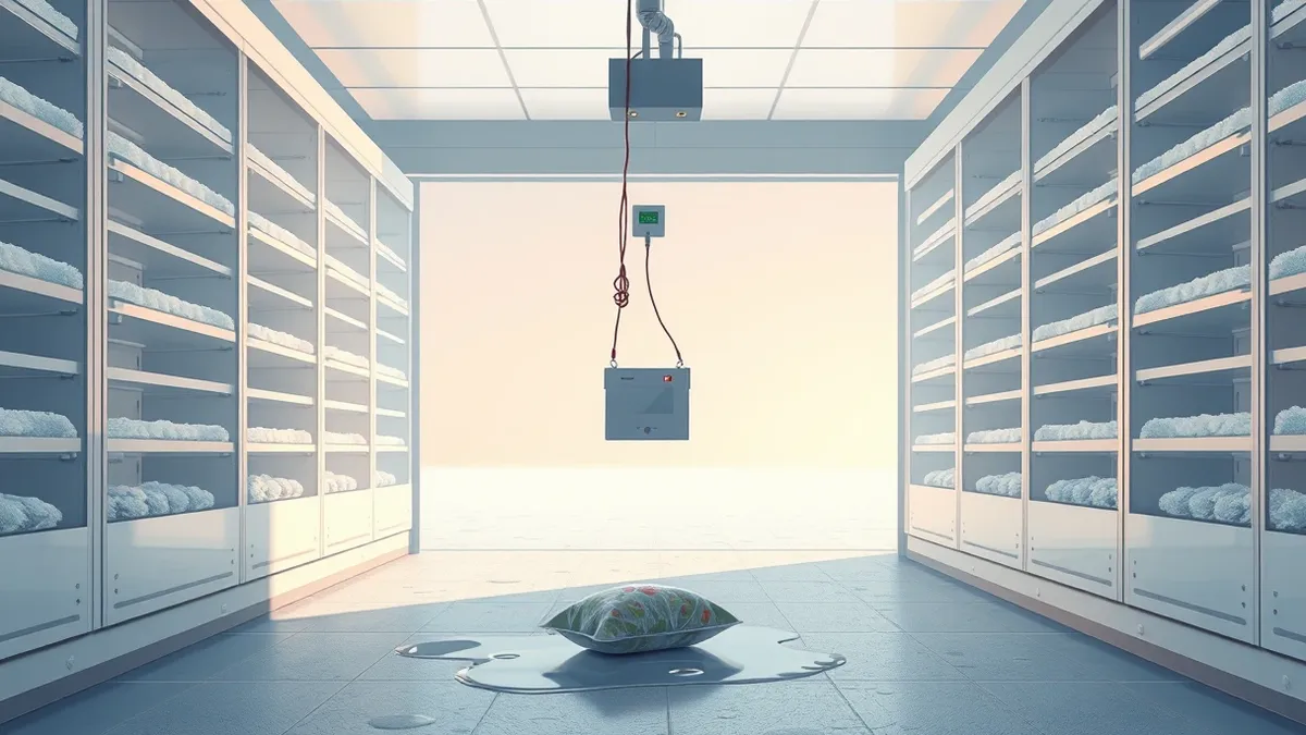 Illustration: A refrigerated supermarket aisle displays open doors with frost accumulating on the shelves.