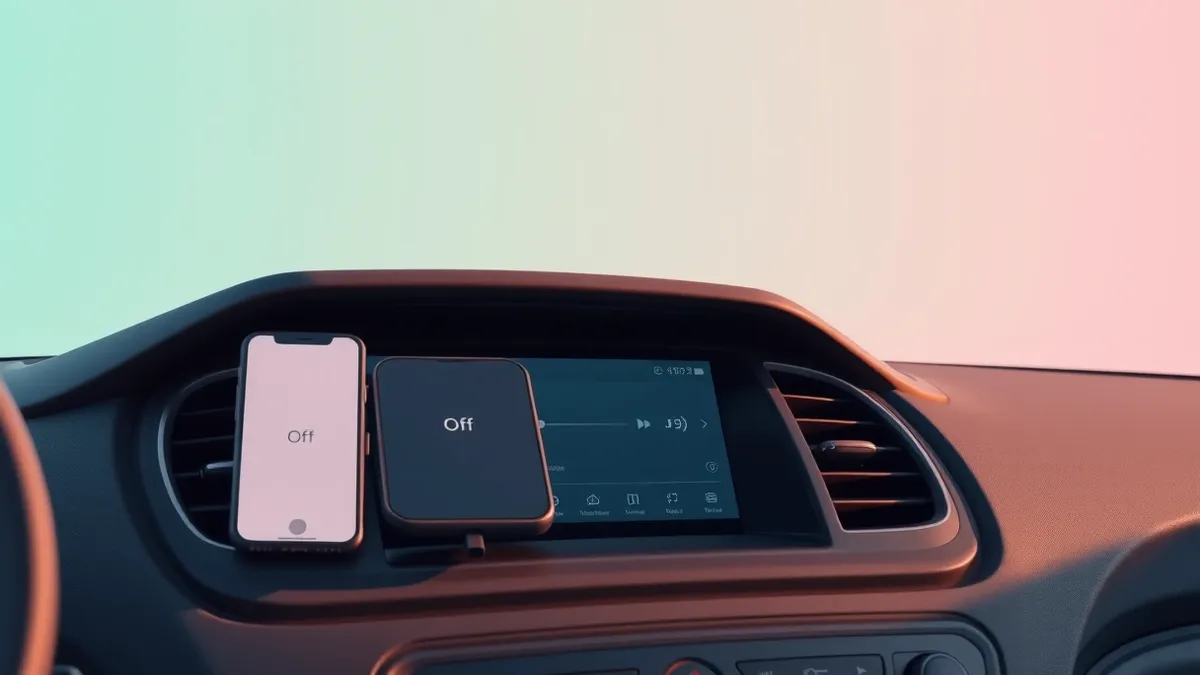 Illustration: A smartphone rests in a car’s charging dock while a dashboard infotainment screen displays a simplified media player interface.