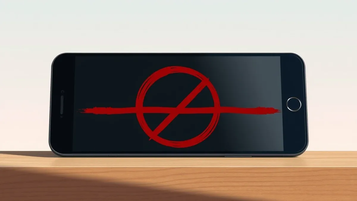 Illustration: A sleek black smartphone rests on a wooden table with its screen completely dark and reflecting overhead light.