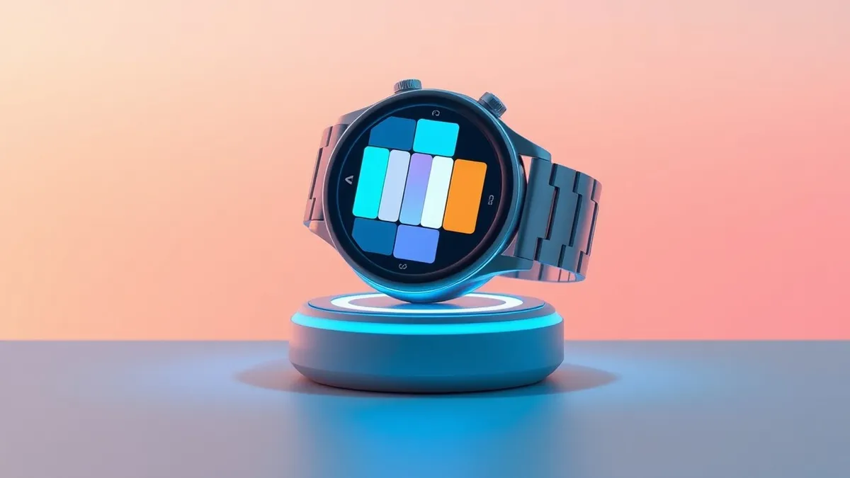 Illustration: A sleek smartwatch rests on a charging puck, its bright screen displaying a clean grid of abstract colorful squares.