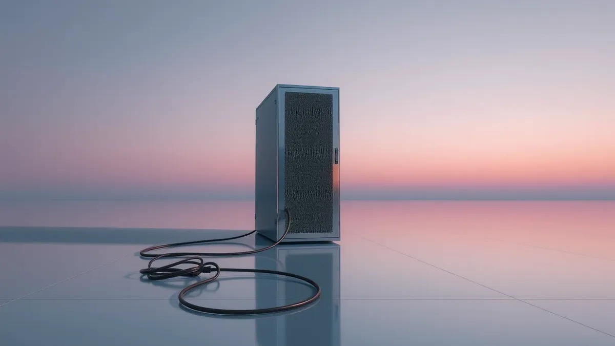 Illustration: A sleek server unit sits isolated on a polished floor, its power cable unplugged and trailing loosely beside it.